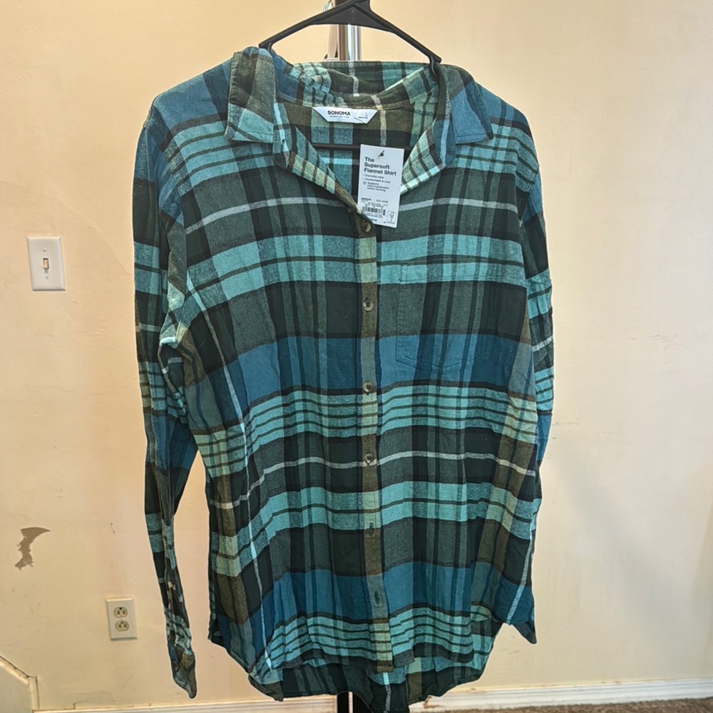Green and Blue Plaid Button-Up Shirt
